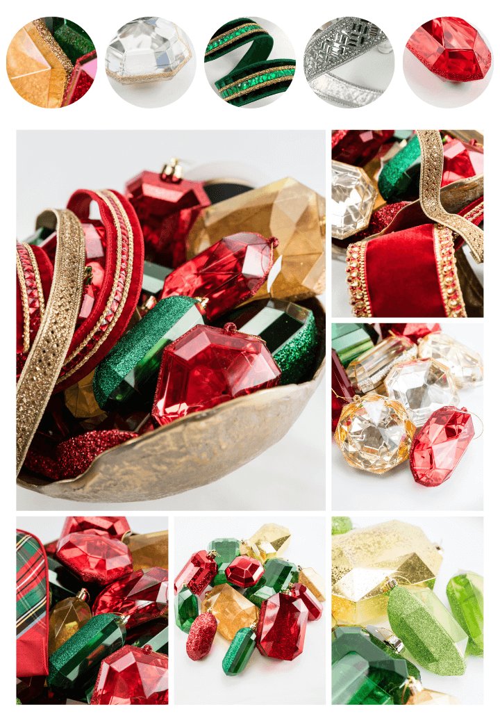 Christmas gem collection with products in green, gold, red, and crystal