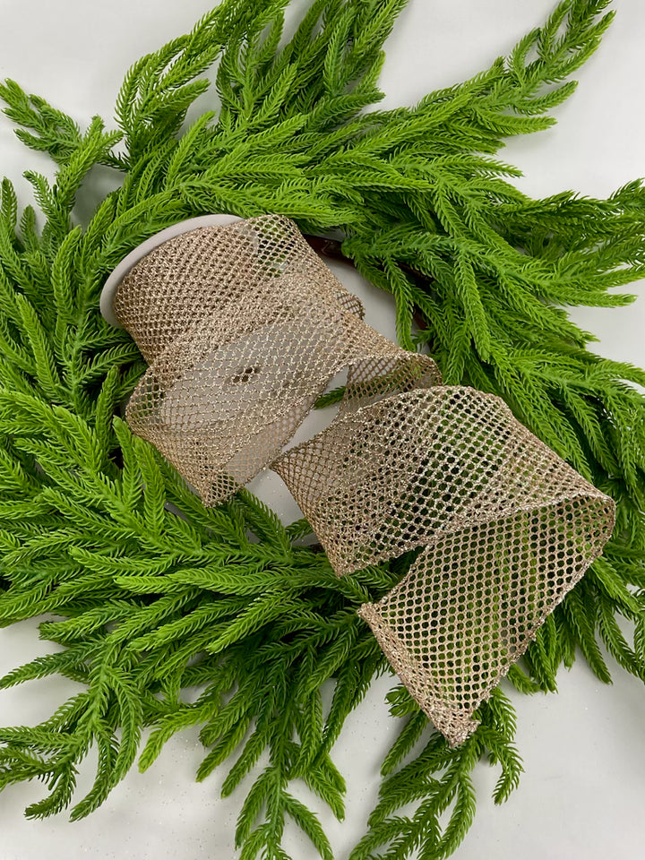 Champagne glitter net wired ribbon, 2.5"
