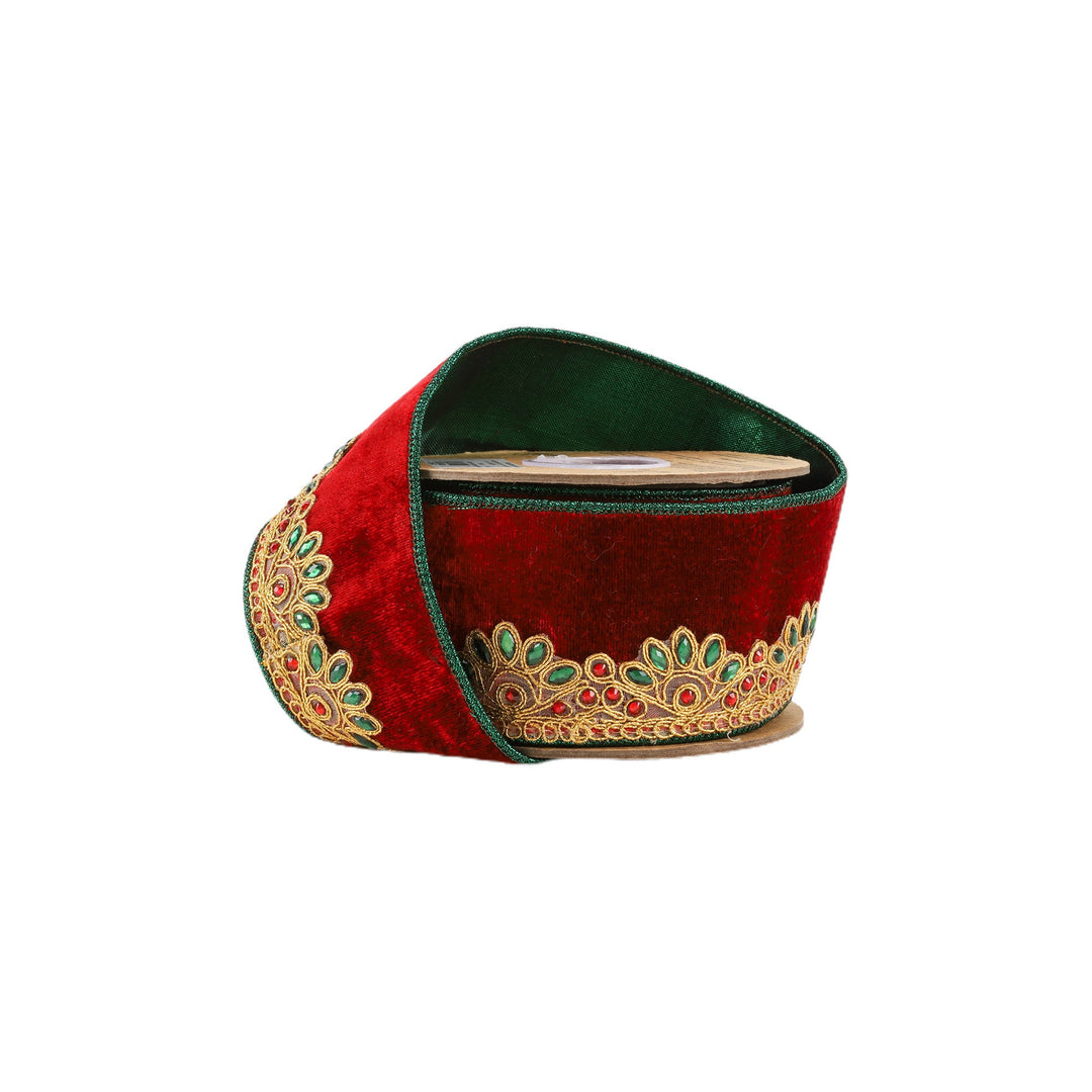 Gold Scallope Jewel Trim Wired Premium Velvet Ribbon - 2.5"