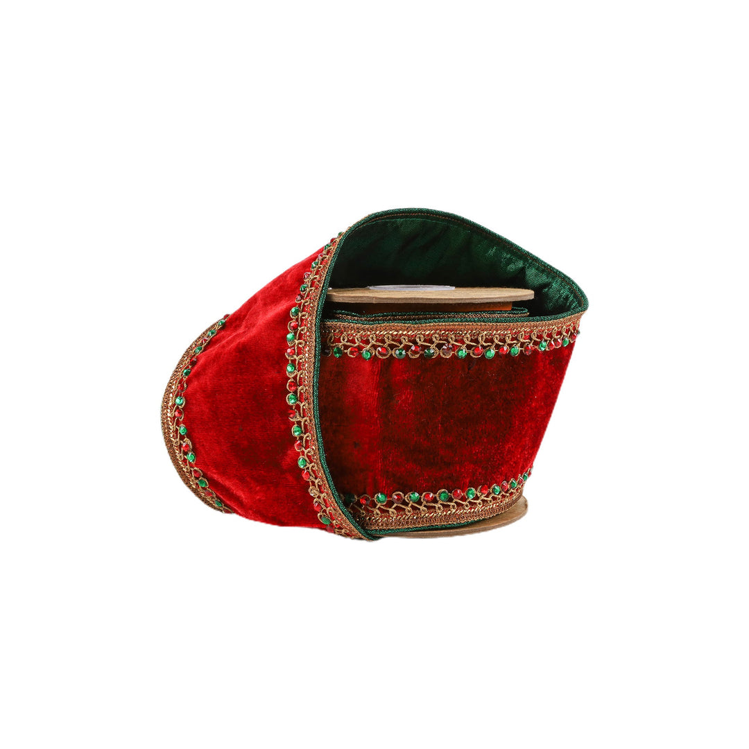 Red Trim Jeweled Wired Premium Velvet Ribbon - 4"