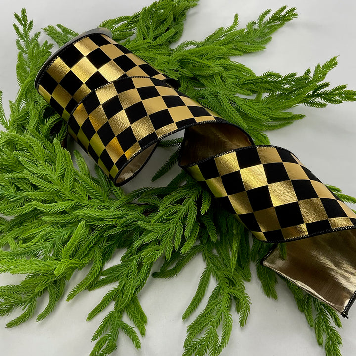 Gold and black check wired ribbon 4”