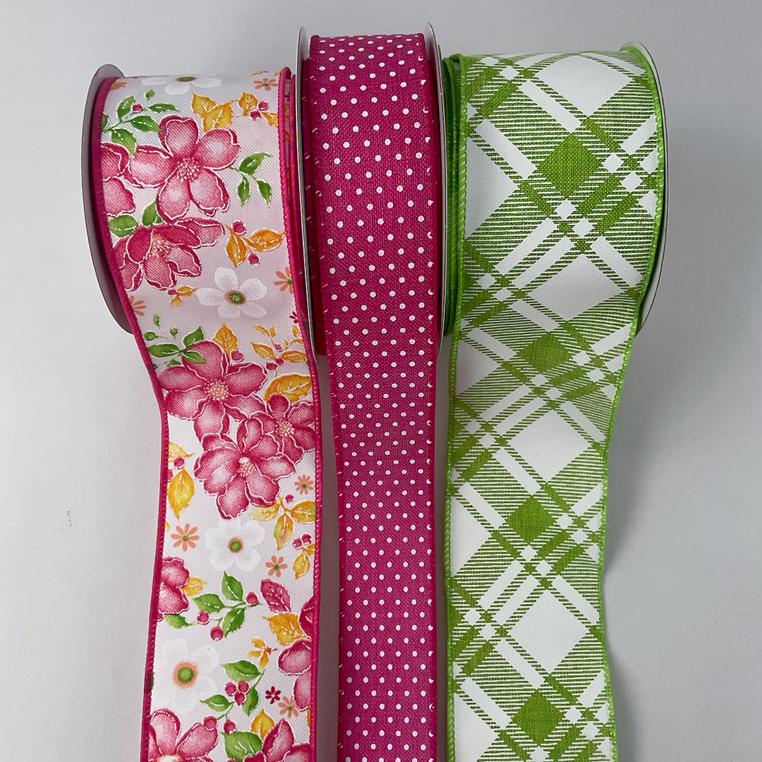 pink and lime green floral bow bundle x 3 wired ribbons