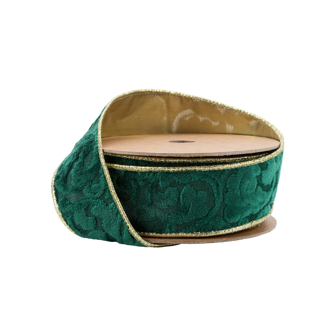 Green Floral Embossed Wired Reversible Velvet Ribbon - 1.5"