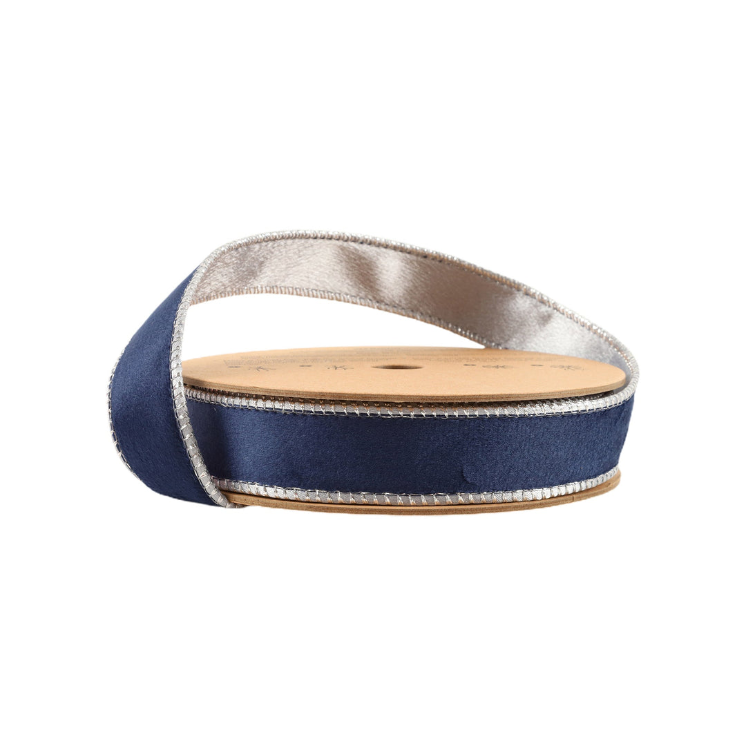 Navy & Silver Reversible Classic Velvet Wired Ribbon - 1"