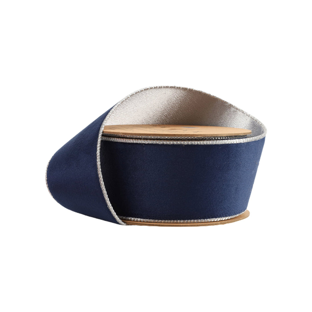 Navy & Silver Reversible Classic Velvet Wired Ribbon - 2.5"