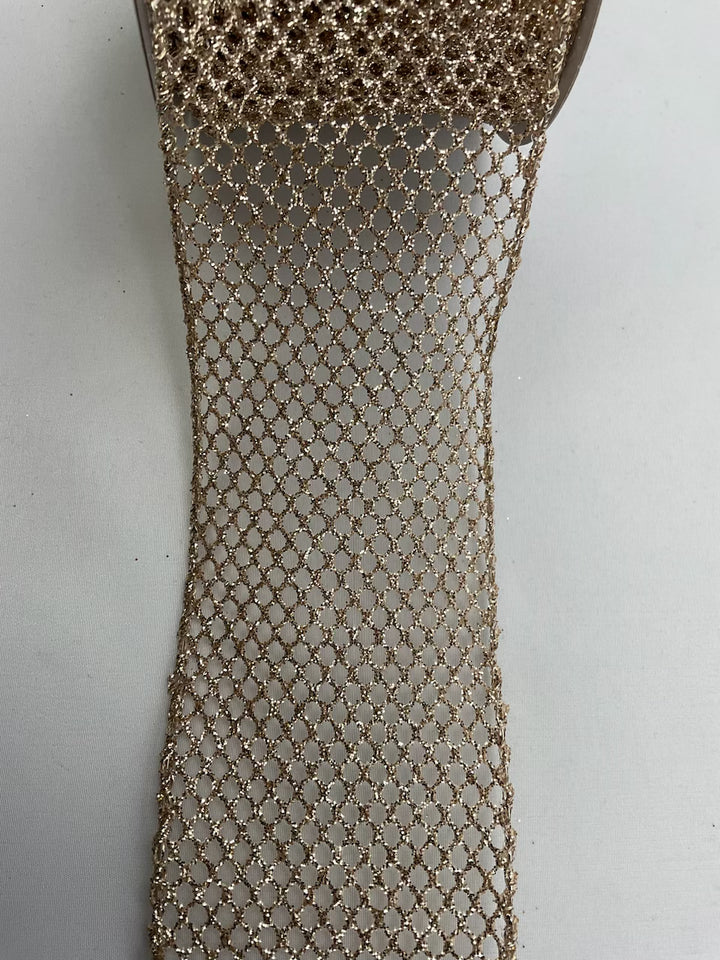 Champagne glitter net wired ribbon, 2.5"
