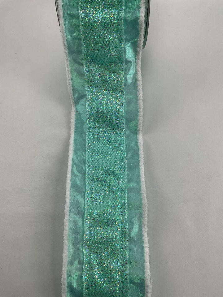 Mint green Glitter metallic wired ribbon, 4”
