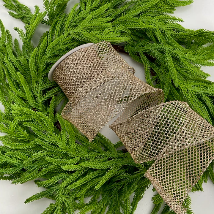 Champagne glitter net wired ribbon, 2.5"