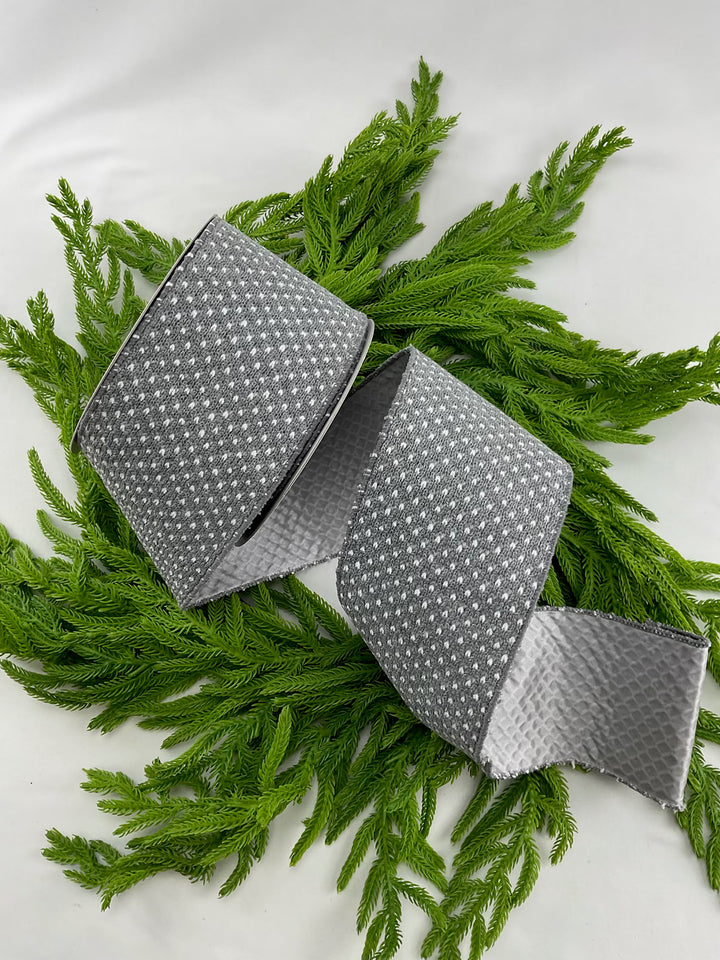 4" woven gray and white ribbon
