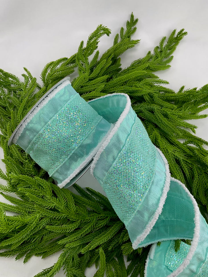 Mint green Glitter metallic wired ribbon, 4”