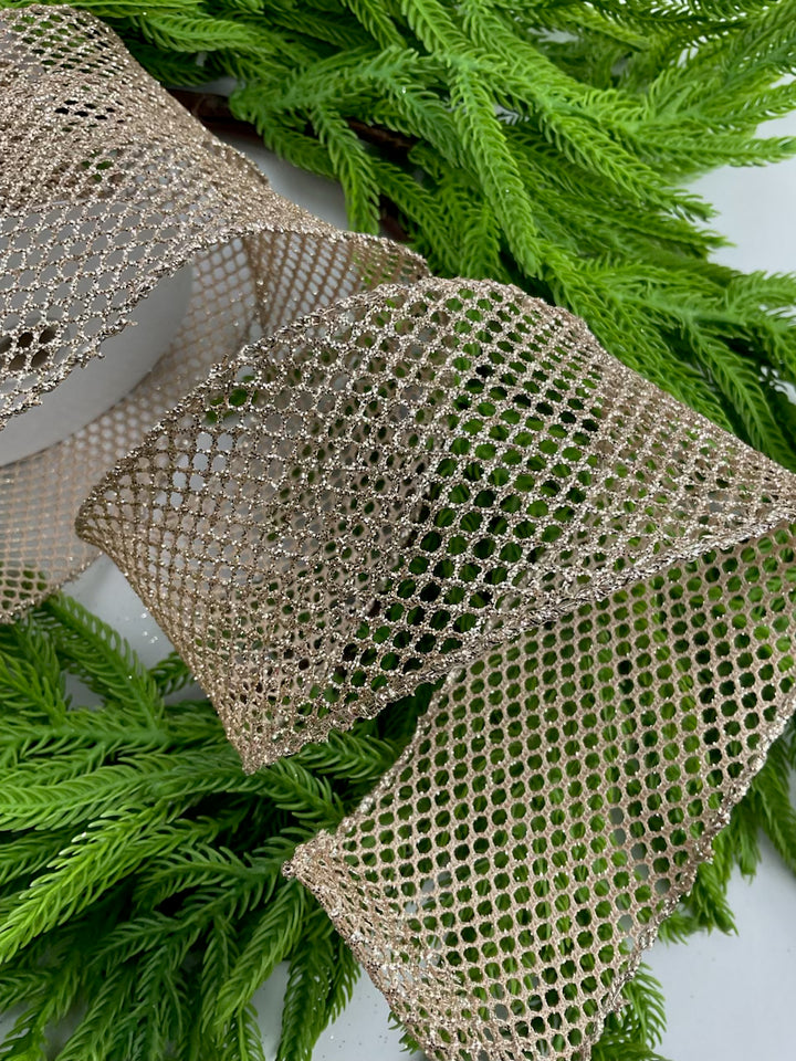 Champagne glitter net wired ribbon, 2.5"