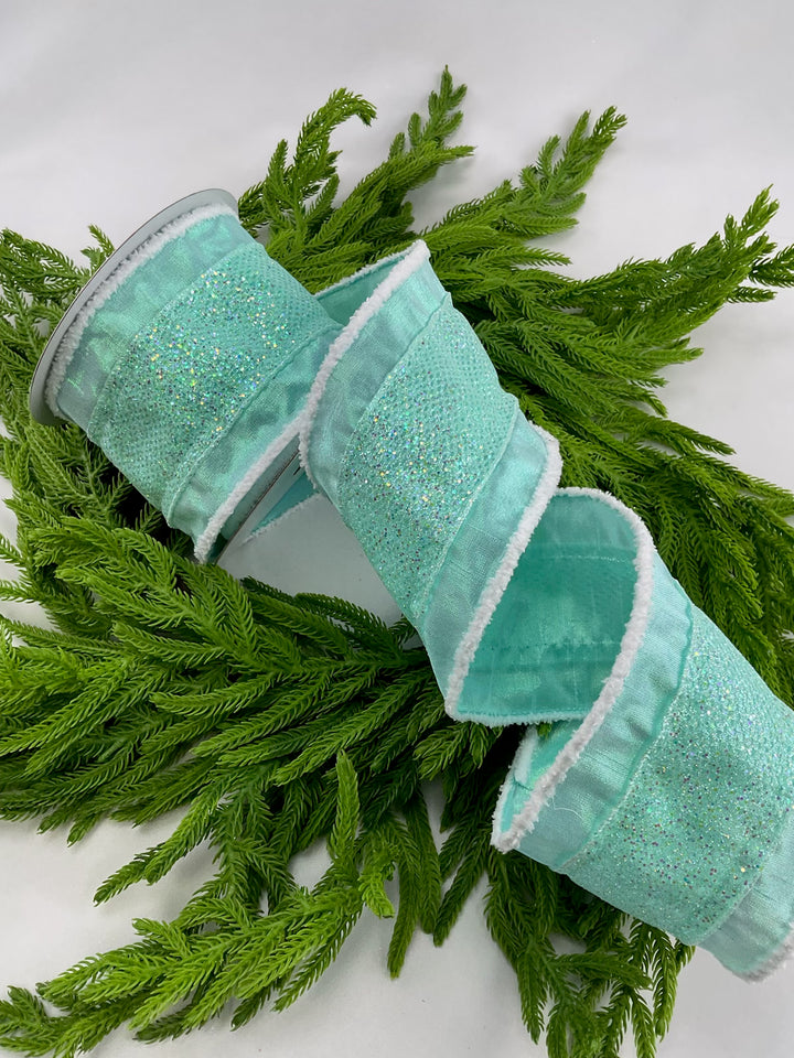 Mint green Glitter metallic wired ribbon, 4”