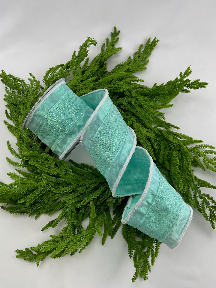 Mint green Glitter metallic wired ribbon, 4”