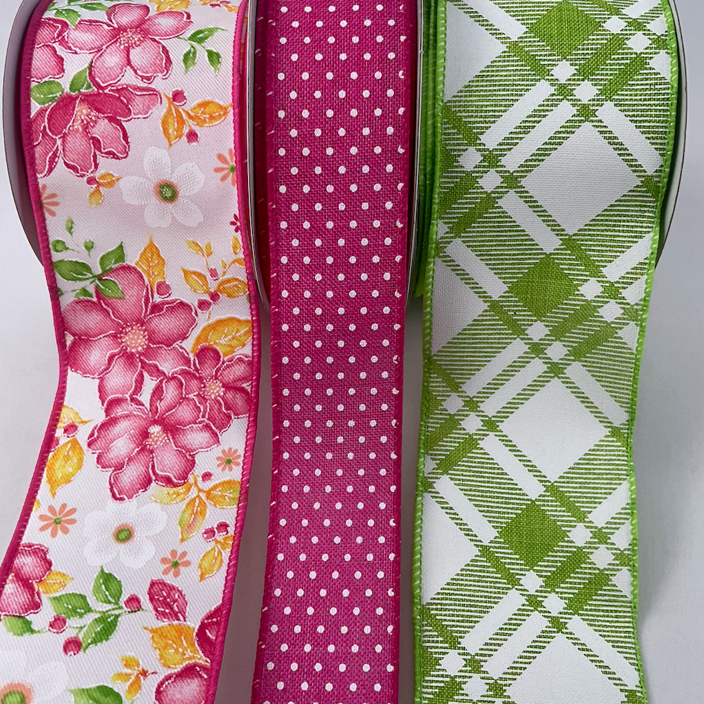 pink and lime green floral bow bundle x 3 wired ribbons
