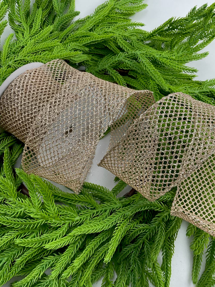 Champagne glitter net wired ribbon, 2.5"