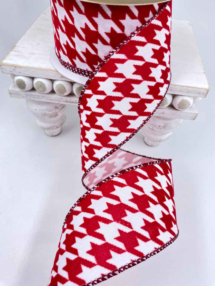 Red velvet and white houndstooth wired ribbon 2.5”