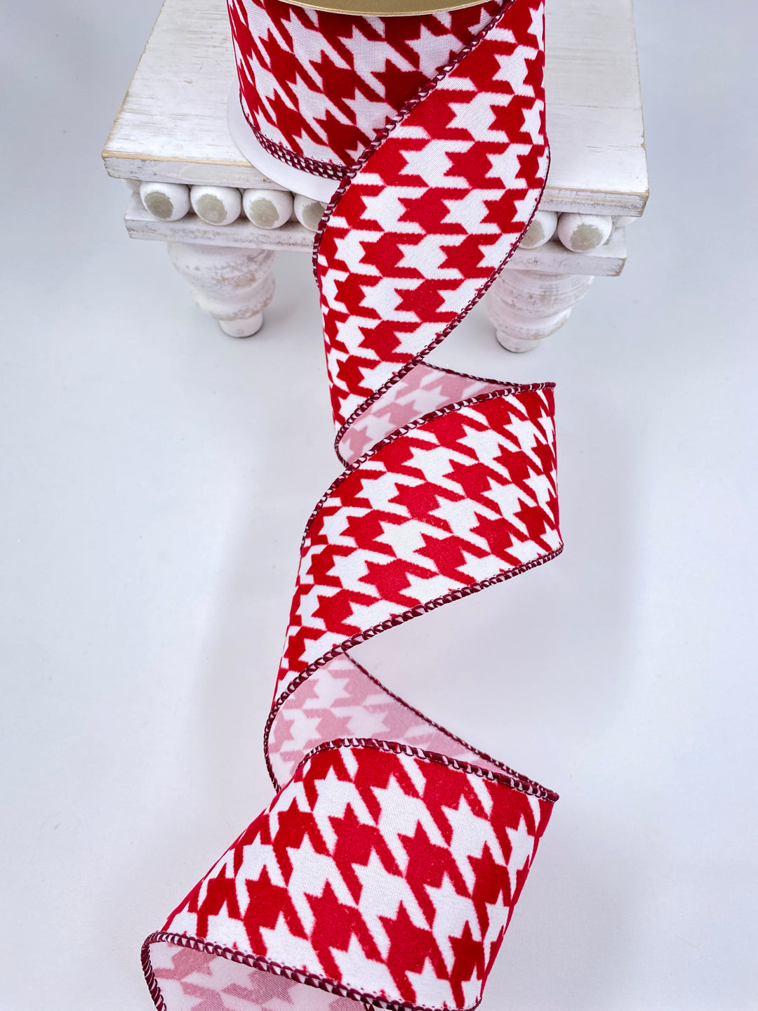 Red velvet and white houndstooth wired ribbon 2.5”