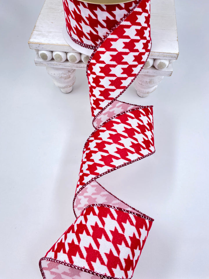 Red velvet and white houndstooth wired ribbon 2.5”