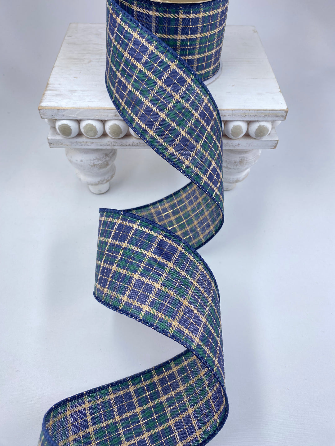 Navy blue plaid wired ribbon 2.5”