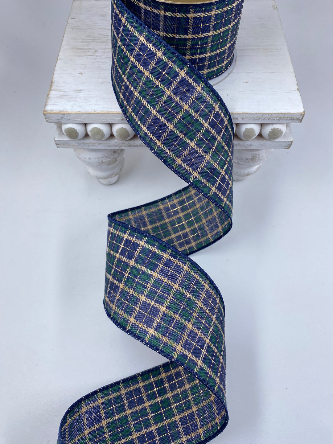 Navy blue plaid wired ribbon 2.5”