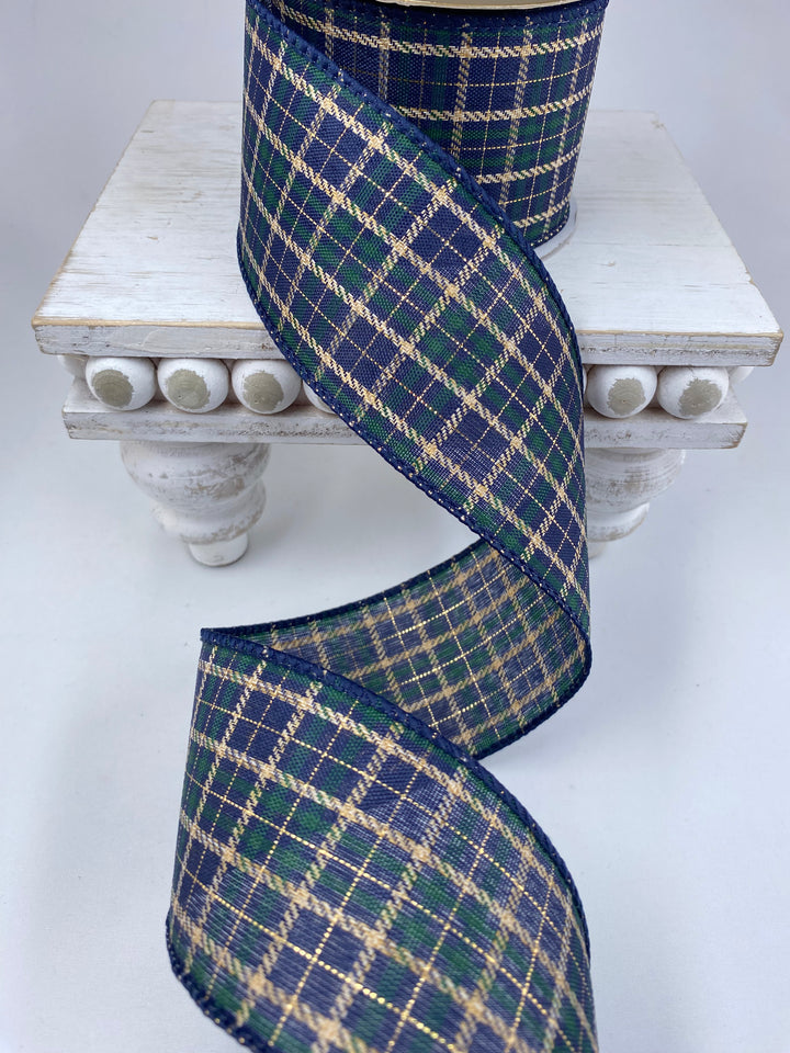 Navy blue plaid wired ribbon 2.5”