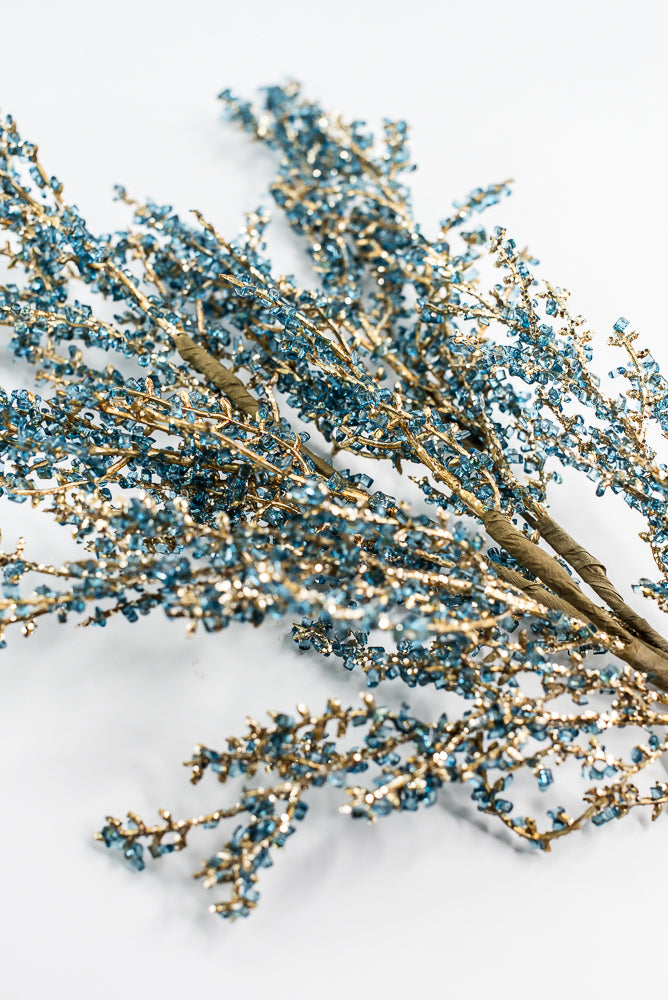 Blue and Gold Iced Twig Spray