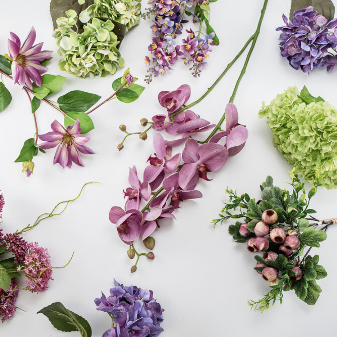 purple and green faux florals