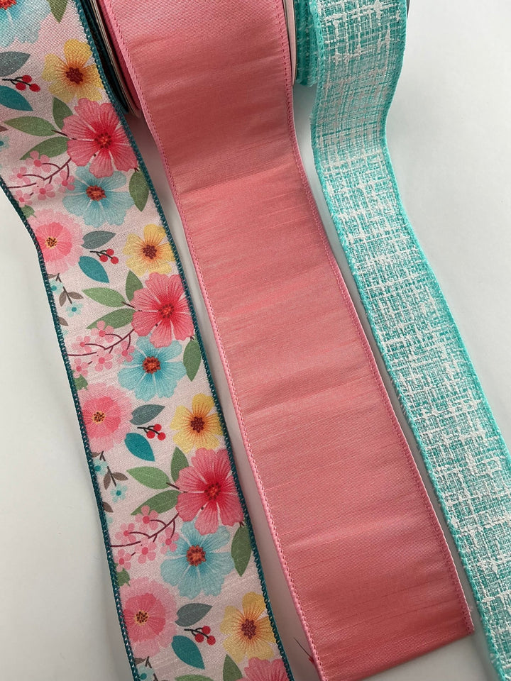 Aqua and Coral bow bundle x 3 wired ribbons - Greenery MarketWired ribbon