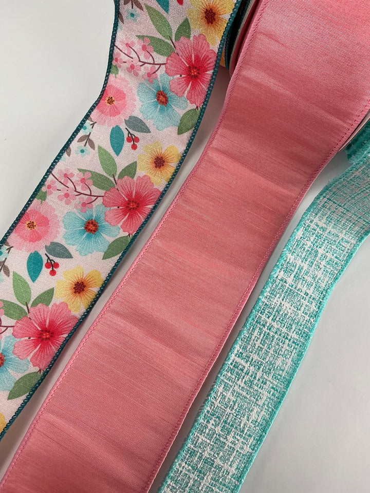 Aqua and Coral bow bundle x 3 wired ribbons - Greenery MarketWired ribbon