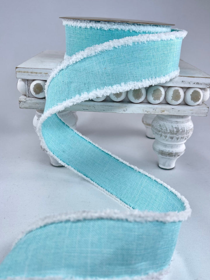 aqua linen with white fluffy edge 1.5” wired ribbon - Greenery MarketWired ribbon110642 AQUA