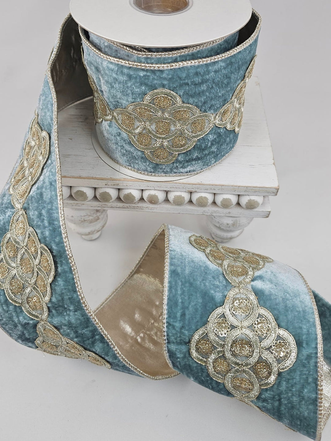 Aqua Sheldon Velvet Trim Metallic Dupioni Ribbon - 4" - Greenery MarketXR586/4AQ