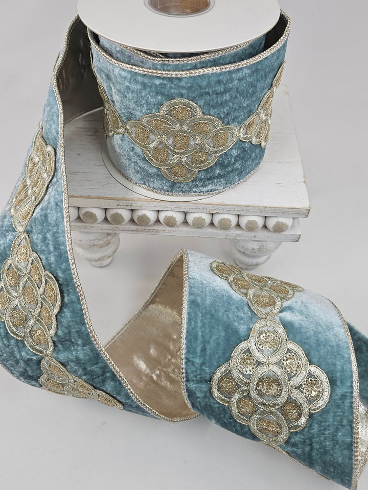 Aqua Sheldon Velvet Trim Metallic Dupioni Ribbon - 4" - Greenery MarketXR586/4AQ