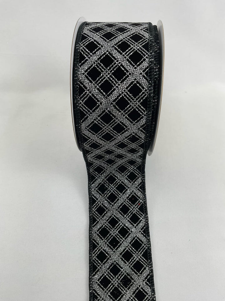 Black and silver glittered plaid wired ribbon 2.5” - Greenery MarketRibbons & Trim177380