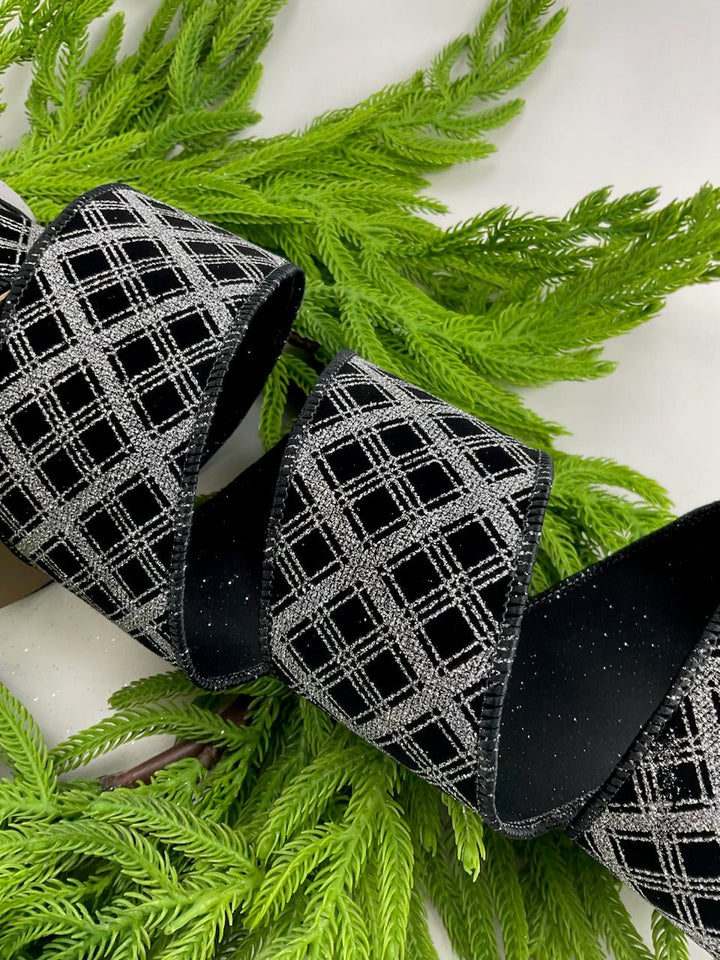 Black and silver glittered plaid wired ribbon 2.5” - Greenery MarketRibbons & Trim177380