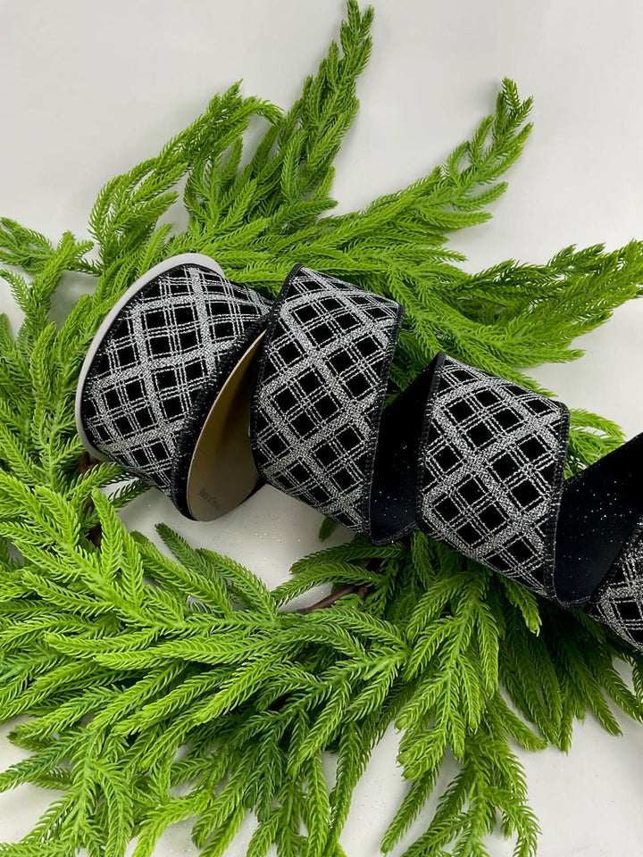 Black and silver glittered plaid wired ribbon 2.5” - Greenery MarketRibbons & Trim177380