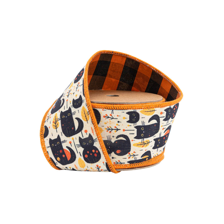Black Cat Wired Printed Canvas Ribbon - 2.5" - Greenery Market6921W - 644 - 63E