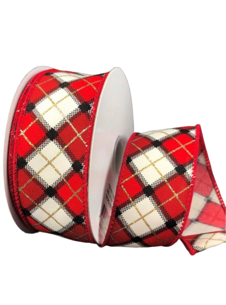 Black, cream, and red diamond plaid wired ribbon , 1.5" - Greenery MarketWired ribbon71156-09-15