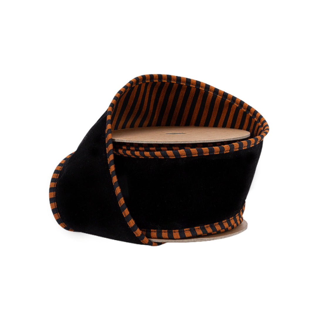 Black Velour With Orange & Black Striped Piping Wired Ribbon - 2.5" - Greenery Market7254W - 750 - 63E