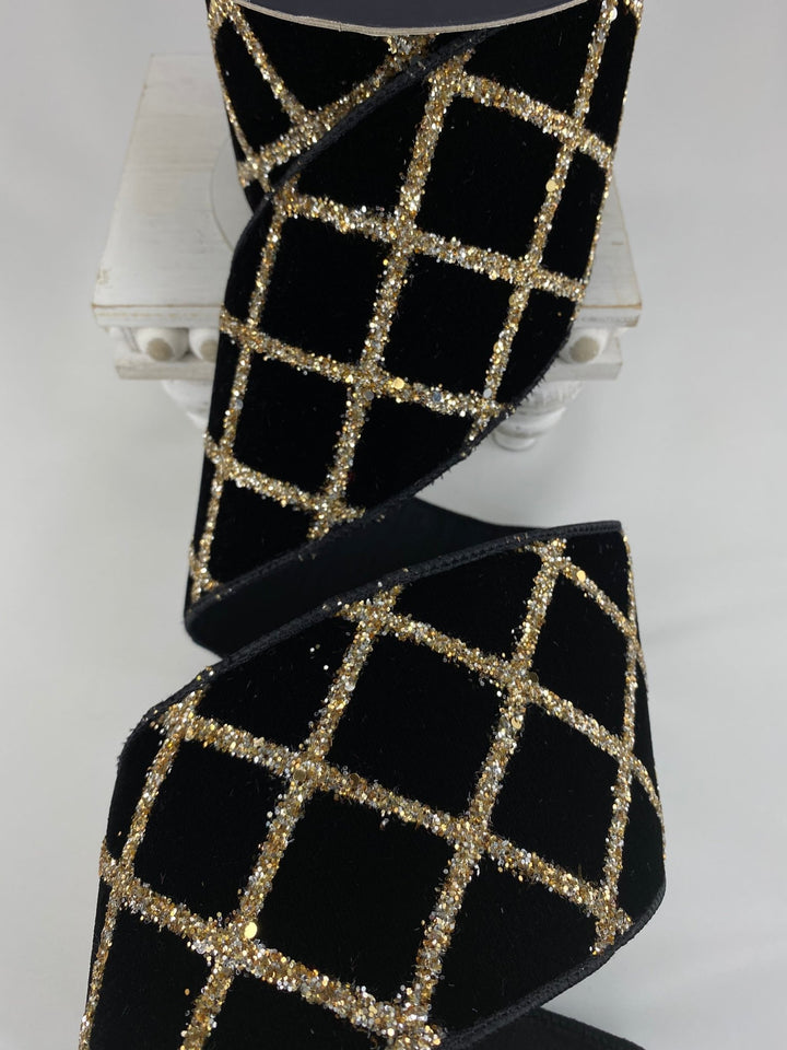 Black Velvet Glitter Lattice Farrisilk Wired Ribbon - 4" - Greenery MarketRG021 - 92