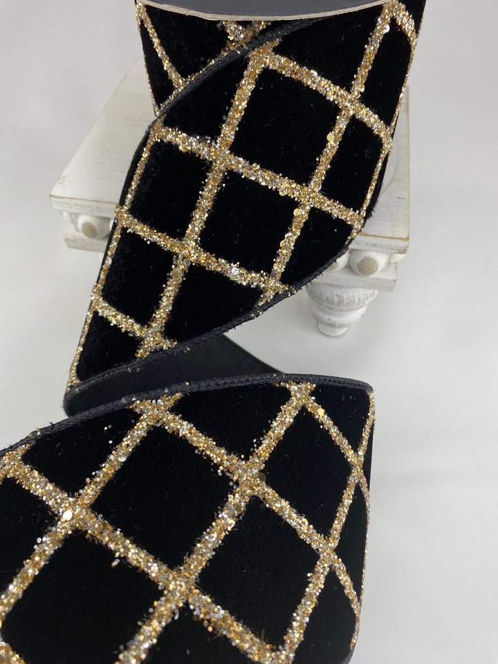 Black Velvet Glitter Lattice Farrisilk Wired Ribbon - 4" - Greenery MarketRG021 - 92