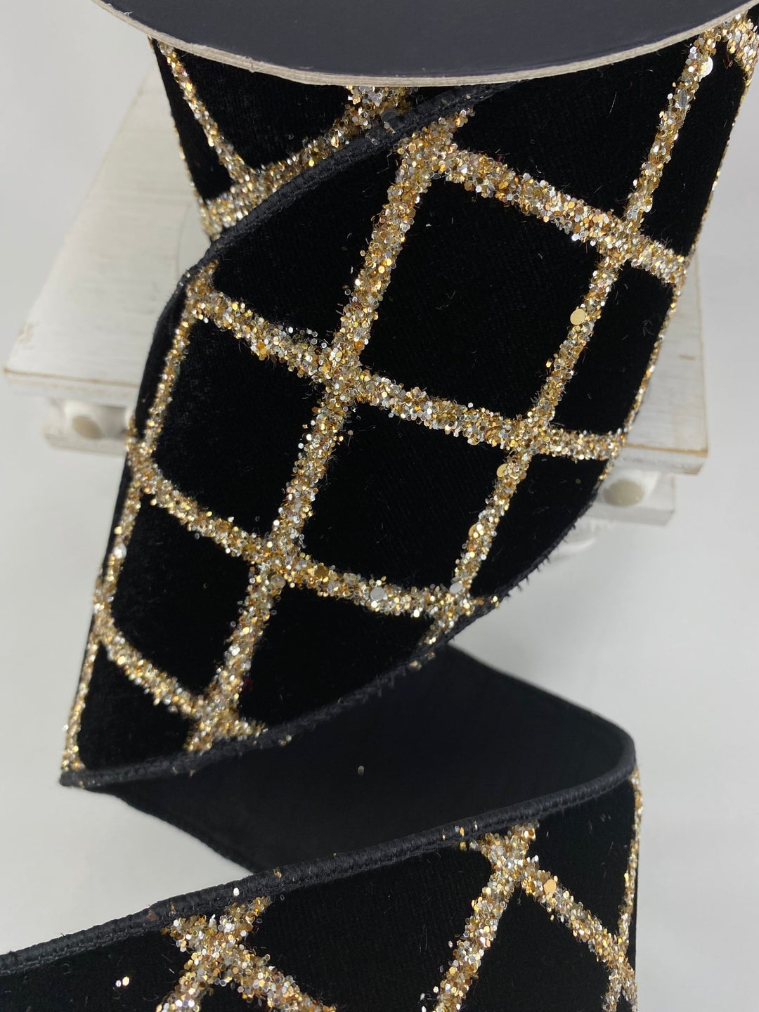 Black Velvet Glitter Lattice Farrisilk Wired Ribbon - 4" - Greenery MarketRG021 - 92