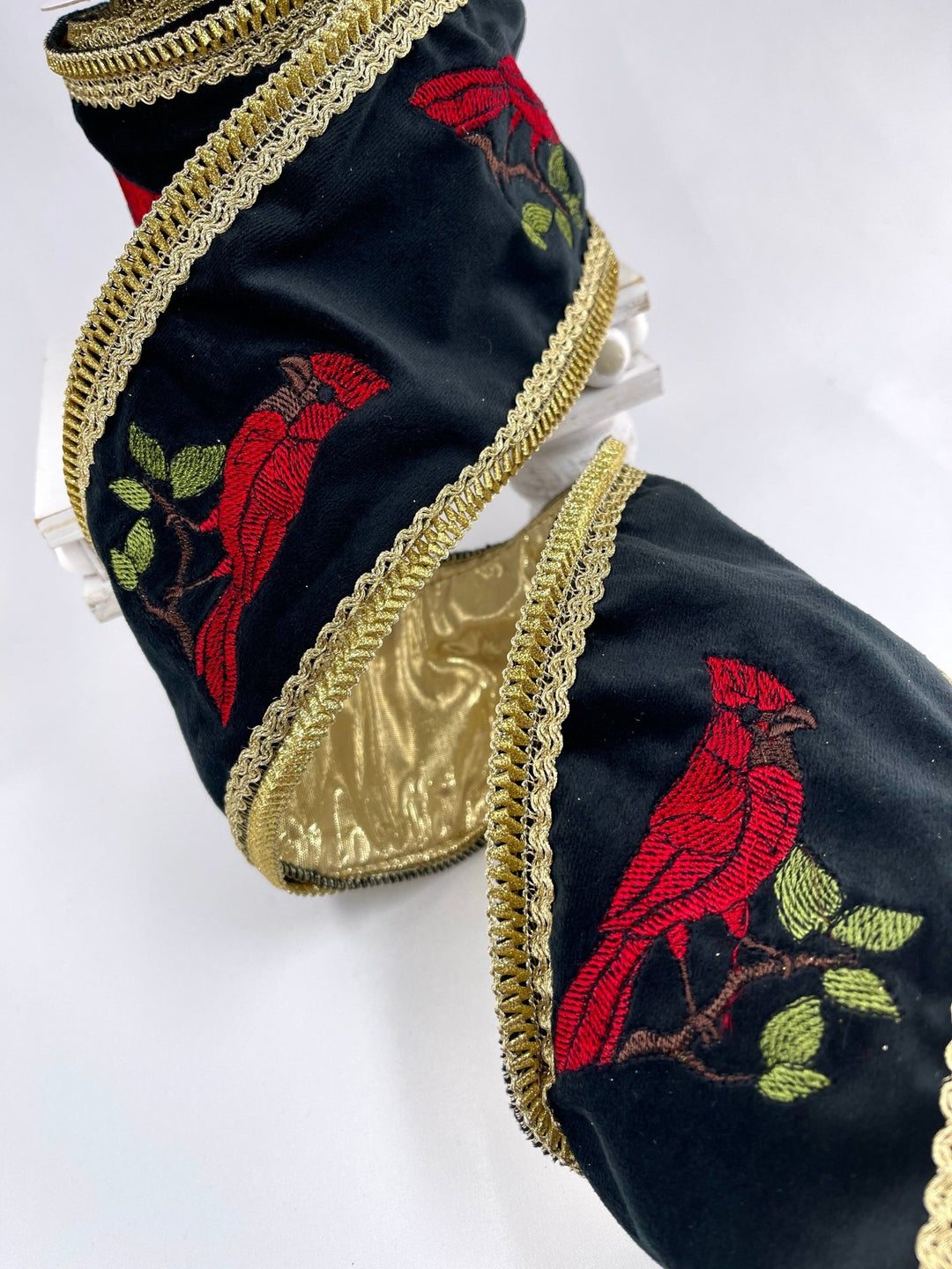 Black velvet with embroidered cardinals 4” wired ribbon - Greenery MarketMTX72666