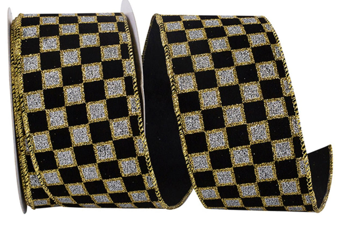 Black with gold glittered check 2.5 wired ribbon - Greenery MarketWired ribbon94040W - 987 - 40F