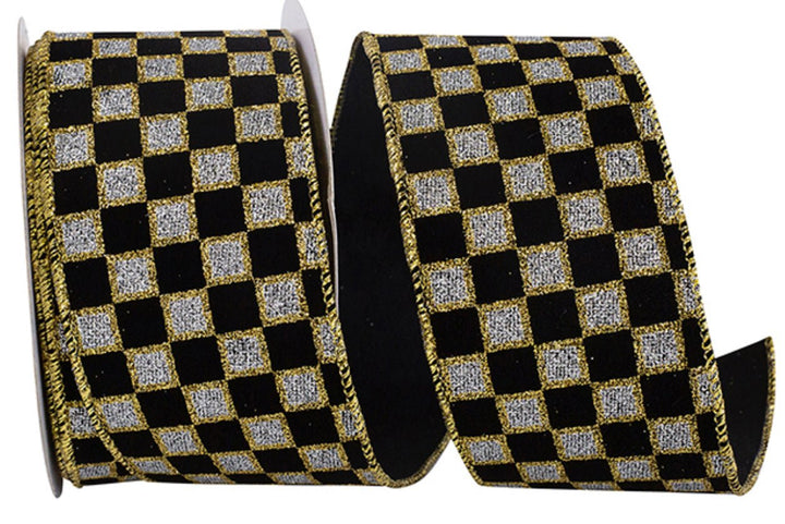 Black with gold glittered check 2.5 wired ribbon - Greenery MarketWired ribbon94040W - 987 - 40F