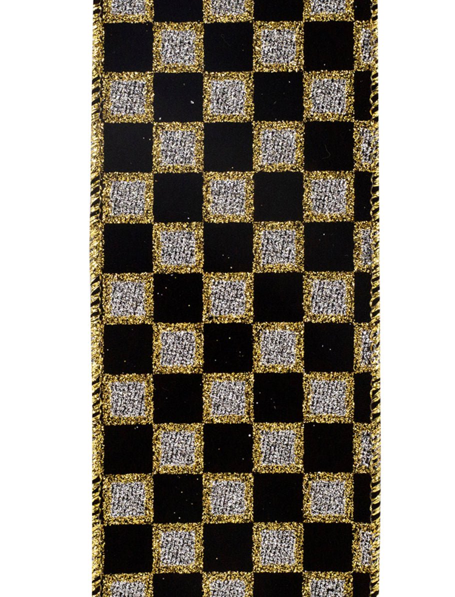 Black with gold glittered check 2.5 wired ribbon - Greenery MarketWired ribbon94040W - 987 - 40F