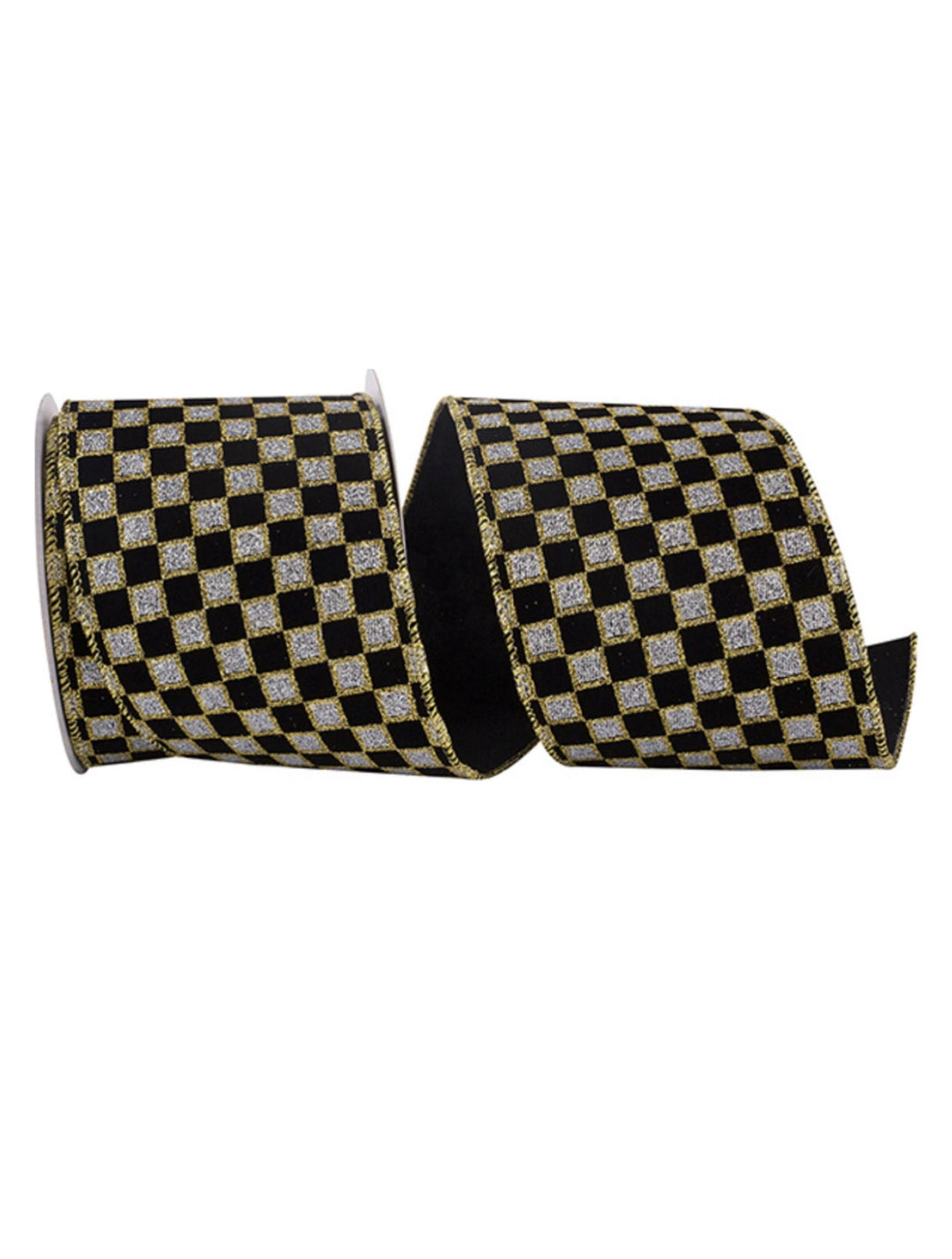 Black with gold glittered check 4” wired ribbon - Greenery MarketWired ribbon94040W - 987 - 10F
