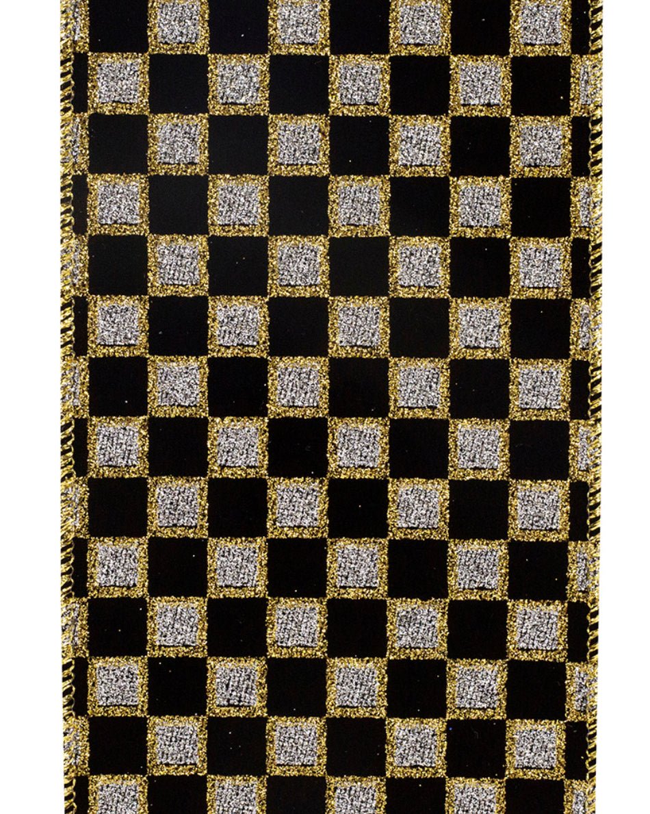 Black with gold glittered check 4” wired ribbon - Greenery MarketWired ribbon94040W - 987 - 10F