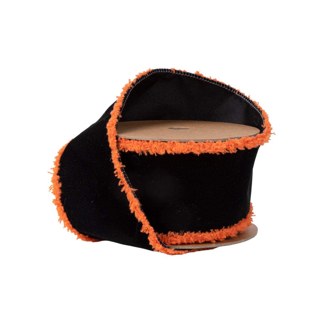 Black With Orange Fuzzy Edge Wired Ribbon - 2.5" - Greenery Market6016W - 030 - 63E