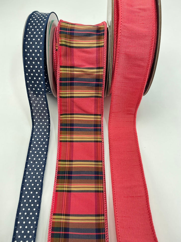 Blue and Coral bow bundle x 3 wired ribbons - Greenery MarketWired ribbonNavyCoralX3