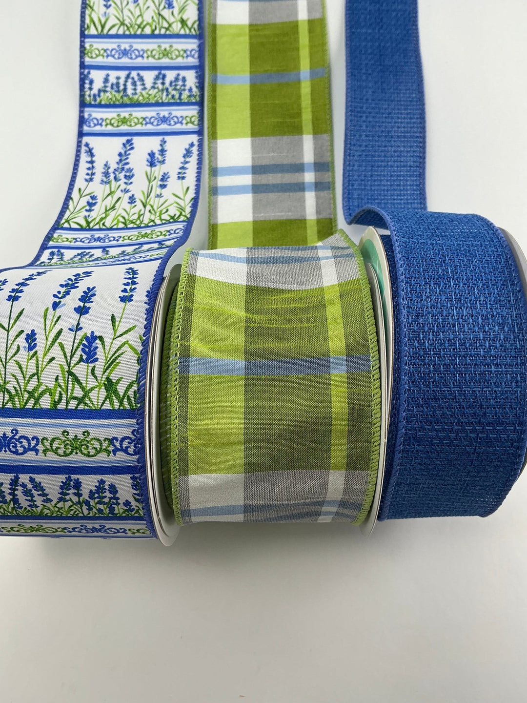 Blue and green plaid bow bundle x 3 wired ribbons - Greenery MarketWired ribbon